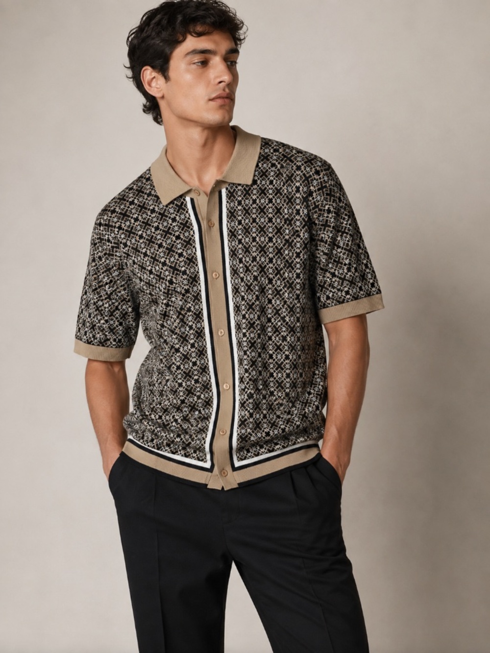 NWT Express Grid Geo Short-sleeve Cotton Sweater Polo Shirt Short Sleeve Medium